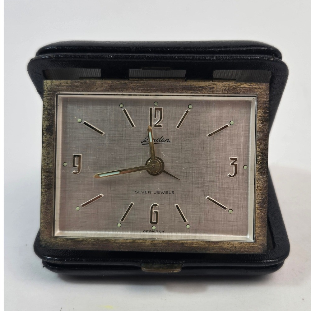 Vintage Linden Travel Alarm Clock 7 Jewels Germany Folding Leather Case